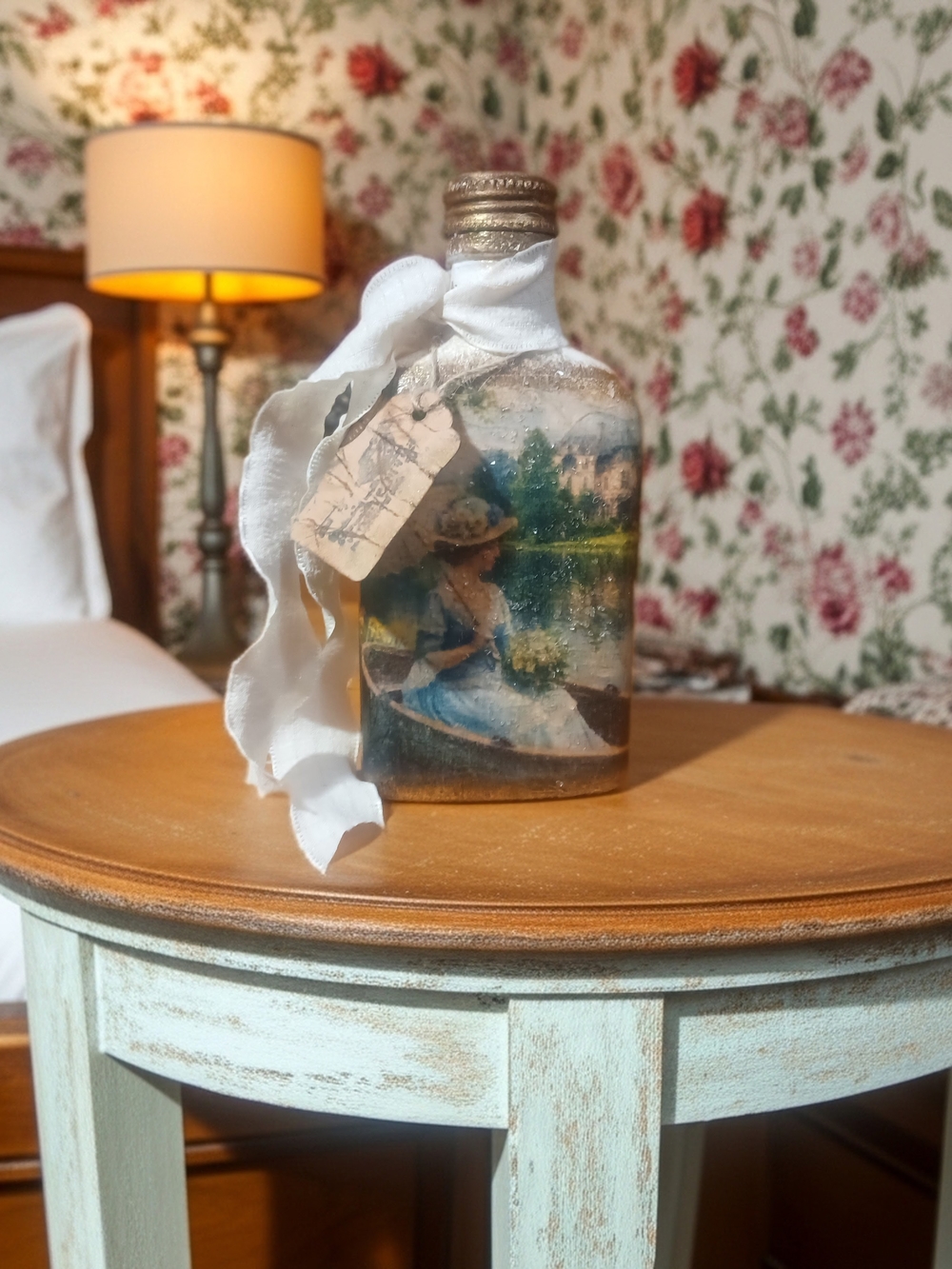 Hand Crafted Decorative Bottle with White Ribbon and Vintage Scene